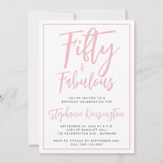 Simple Fifty and Fabulous Pink 50th Birthday Party 招待状 (正面)