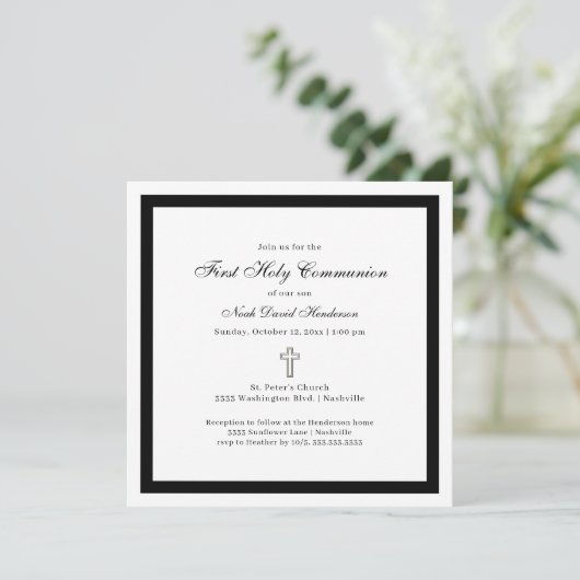 Simple First Holy Communion Black White Invitation 招待状 (スタンド正面)