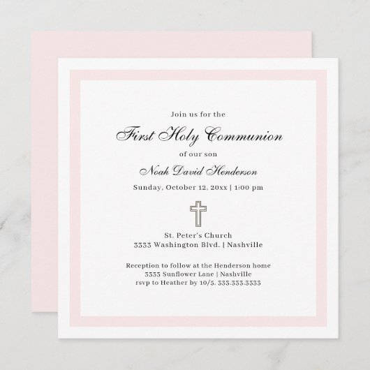 Simple First Holy Communion Pink White 招待状 (正面/裏面)