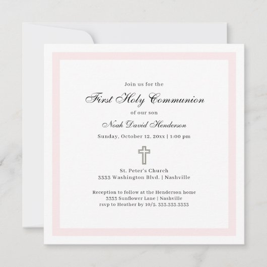 Simple First Holy Communion Pink White 招待状 (正面)