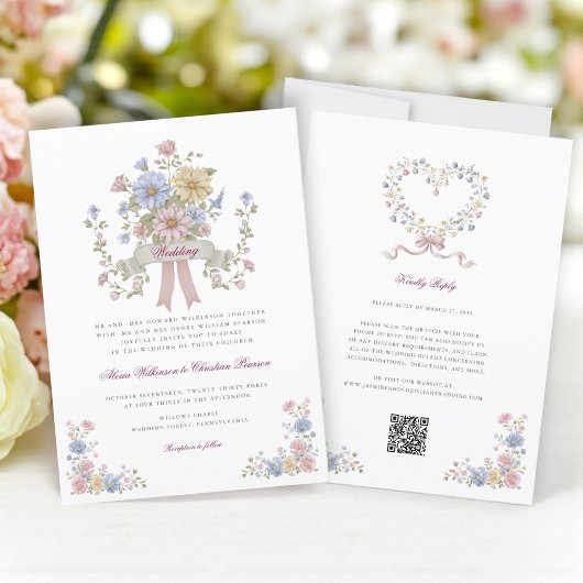 Simple Floral all in one wedding website qr code 招待状