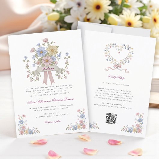 Simple Floral all in one wedding website qr code  招待状