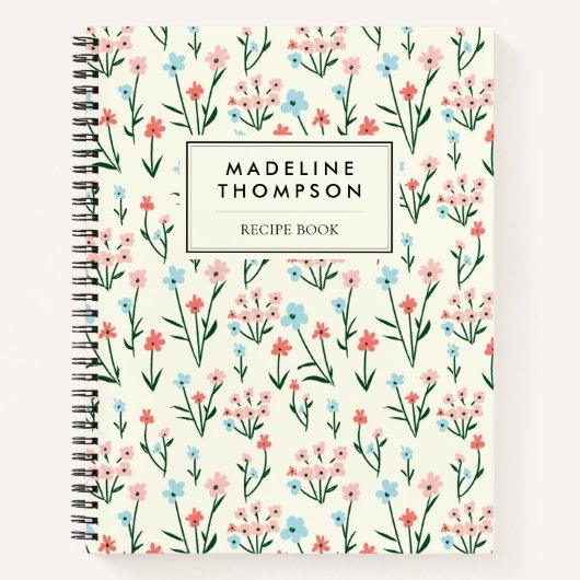 Simple Floral Botanical Pink Blue Flower Recipe ノートブック (正面)