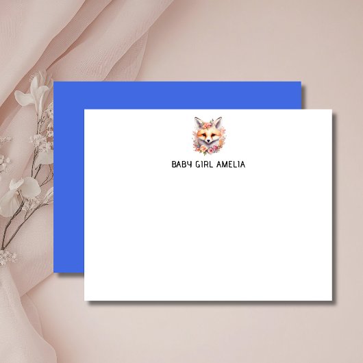 Simple Floral Fox Name Nursery Note Card 招待状