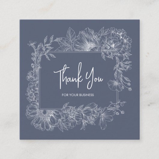 Simple Floral Line Muted Blue QR Code Thank You スクエア名刺 (正面)