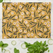 Simple Floral Pattern in Mustard Yellow and Green  キッチンタオル (折り畳み)