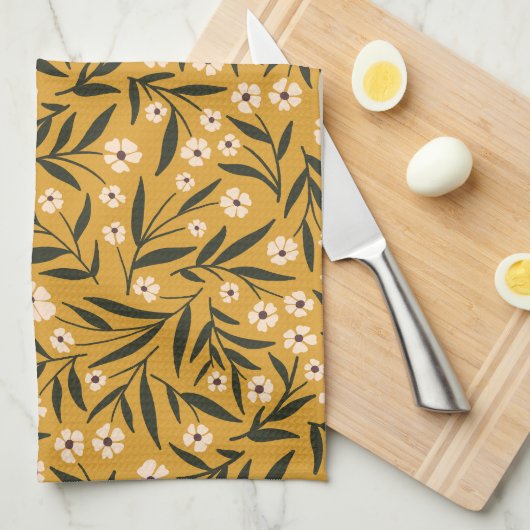 Simple Floral Pattern in Mustard Yellow and Green  キッチンタオル (四つ折り)