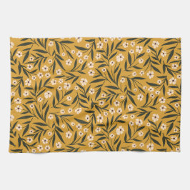 Simple Floral Pattern in Mustard Yellow and Green  キッチンタオル