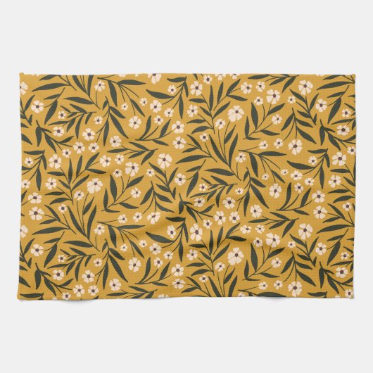 Simple Floral Pattern in Mustard Yellow and Green  キッチンタオル (横)