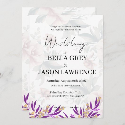 Simple flower Black & White Wedding Invitation 招待状 (正面/裏面)