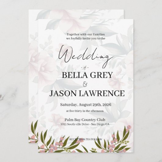 Simple flower Black & White Wedding Invitation 招待状 (正面/裏面)