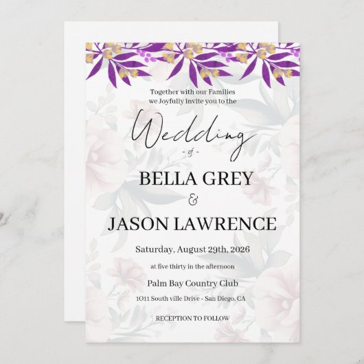 Simple flower Black & White Wedding Invitation 招待状 (正面/裏面)