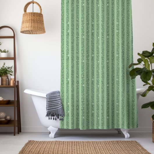 Simple Forest Green Glitter Style Vertical Stripes シャワーカーテン