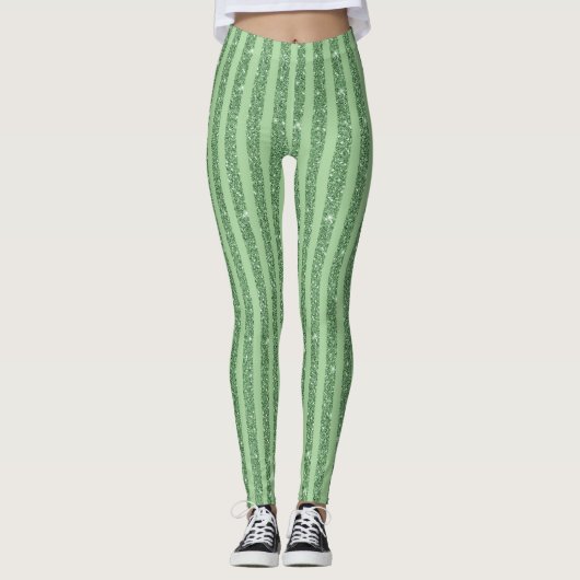 Simple Forest Green Glitter Style Vertical Stripes レギンス (正面)