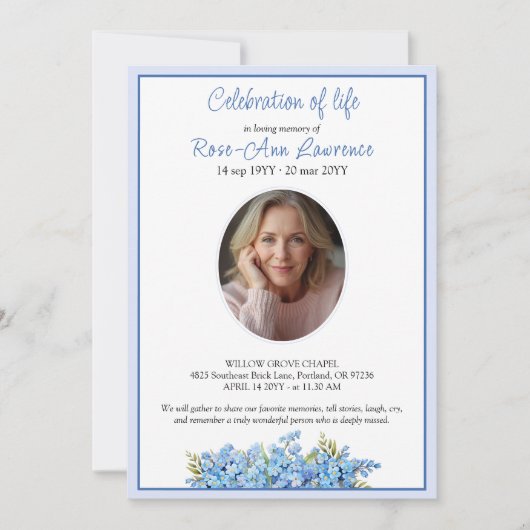 Simple Forget-me-nots Photo Memorial Service 招待状 (正面)