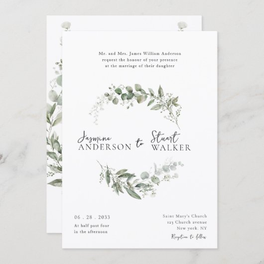 simple fun Eucalyptus Wreath Greenery Wedding  招待状 (正面/裏面)