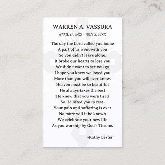 Simple Funeral Prayer Sympathy Card 名刺 (裏面)