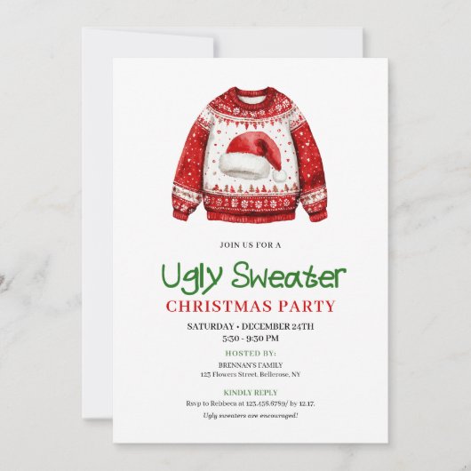 Simple Funny Ugly Sweater Christmas Party 招待状 (正面)