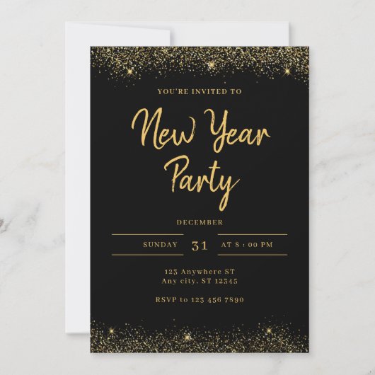 Simple Gold and Black Sparkle New Year Party 招待状 (正面)