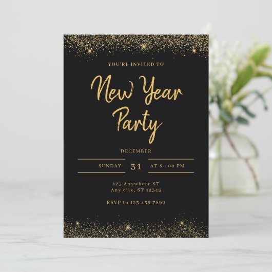 Simple Gold and Black Sparkle New Year Party 招待状 (スタンド正面)