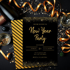 Simple Gold and Black Sparkle New Year Party 招待状