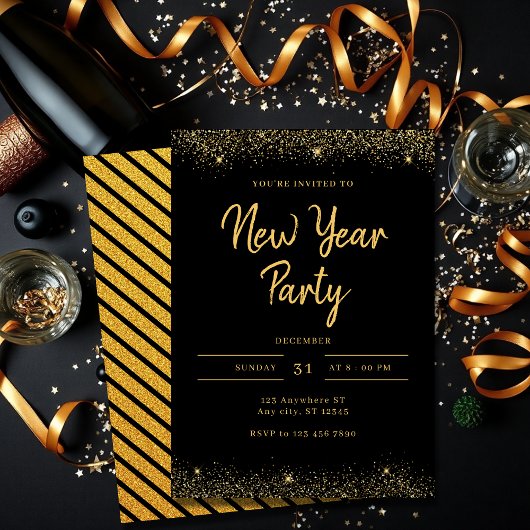 Simple Gold and Black Sparkle New Year Party 招待状