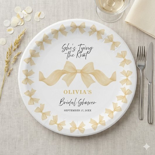 Simple Gold Bow She's Tying the Knot Bridal Shower ペーパープレート