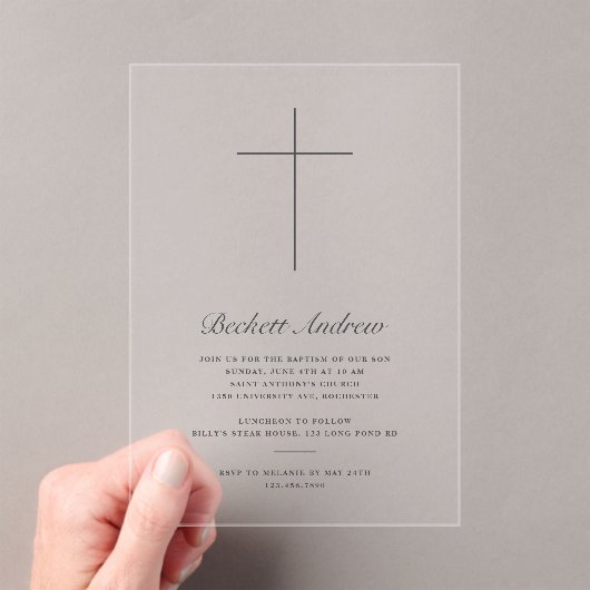 Simple Gold Cross Script Baptism アクリル招待状 (インサイチュ (ポータブル))