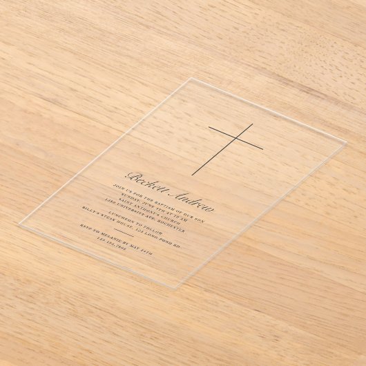 Simple Gold Cross Script Baptism アクリル招待状 (レイダウン)