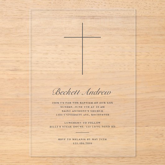 Simple Gold Cross Script Baptism アクリル招待状 (正面)