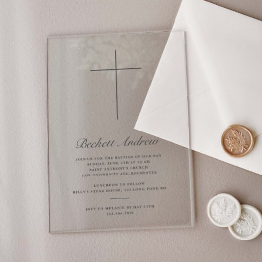 Simple Gold Cross Script Baptism アクリル招待状