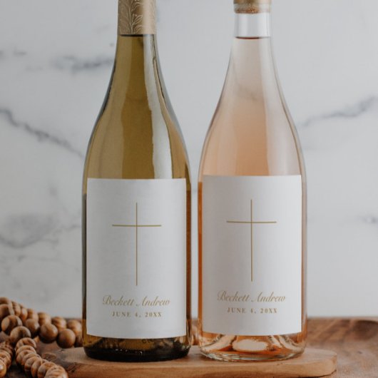 Simple Gold Cross Script Baptism ワインラベル