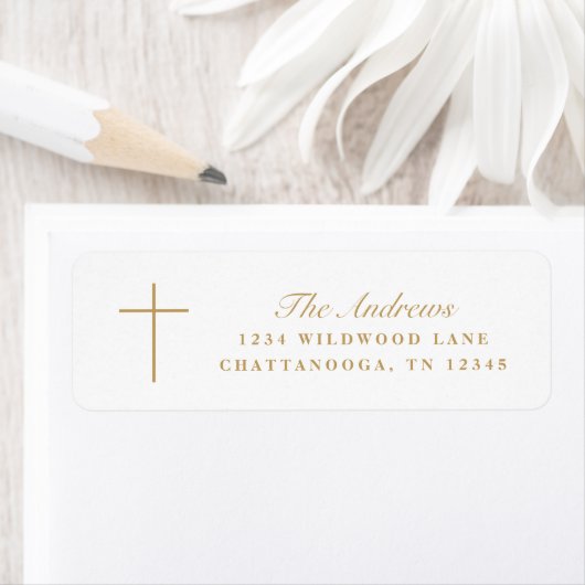 Simple Gold Cross Script Baptism Return Address ラベル (インサイチュ)