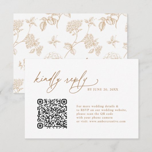 Simple Gold Floral QR code Wedding RSVP Cards (正面/裏面)