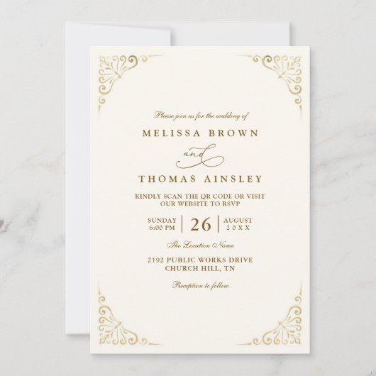 Simple Gold Minimalis Elegant Chic QR Code Wedding 招待状 (正面)