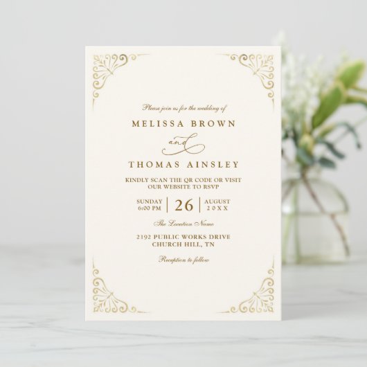 Simple Gold Minimalis Elegant Chic QR Code Wedding 招待状 (スタンド正面)