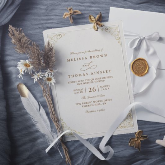 Simple Gold Minimalis Elegant Chic QR Code Wedding 招待状