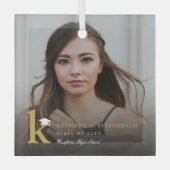 Simple Gold Monogram Modern Photo Graduation Easel ガラスオーナメント (正面)