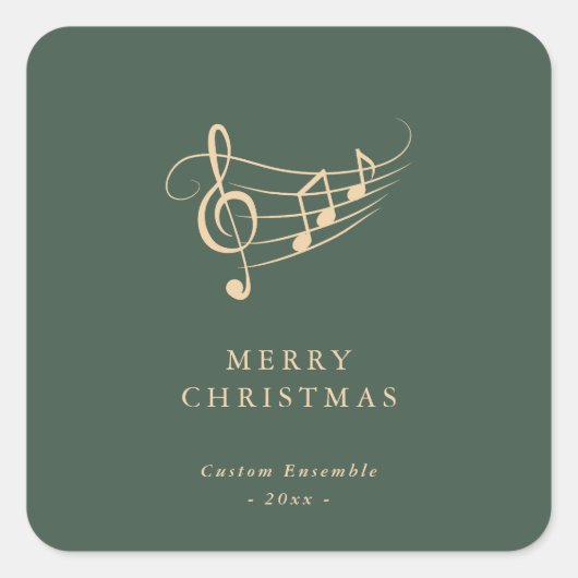 Simple Gold Music Notes Christmas Green スクエアシール (正面)