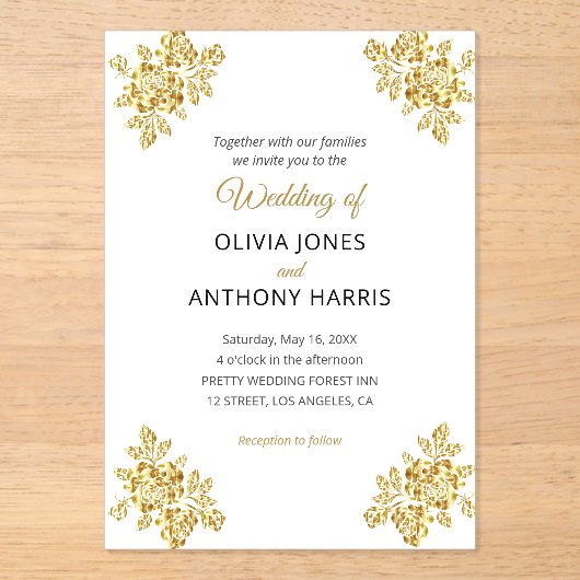 Simple Gold Roses Elegant Modern Floral Wedding  アクリル招待状 (正面)