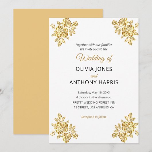 Simple Gold Roses Elegant Modern Floral Wedding  招待状 (正面/裏面)
