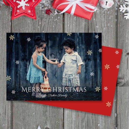 Simple Gold Snowflakes Flat Photo Christmas Card シーズンカード