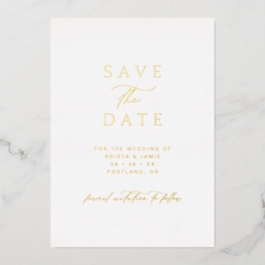 Simple Gold & White Photo Wedding Save the Date 箔招待状 (正面)