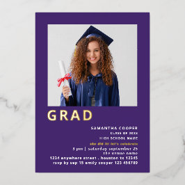 Simple Grad 2023 Photo Graduation Purple Gold Real 箔招待状