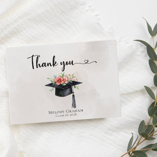 Simple Graduate Cap Flowers Modern Graduation サンキューカード
