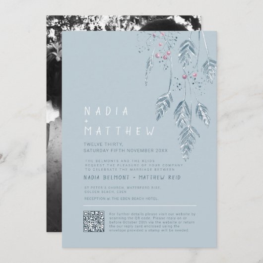 Simple grass and berries dusty blue sketch photo 招待状 (正面/裏面)