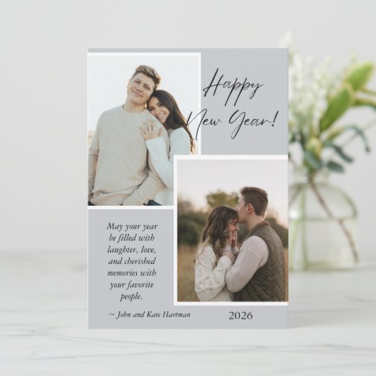 Simple Gray and White New Years Photo Collage Card (スタンド正面)