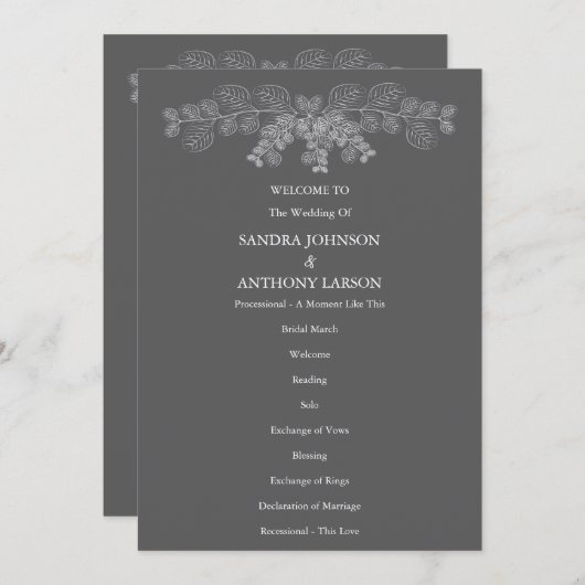 Simple Gray Eucalyptus Line Art Wedding  プログラム (正面/裏面)