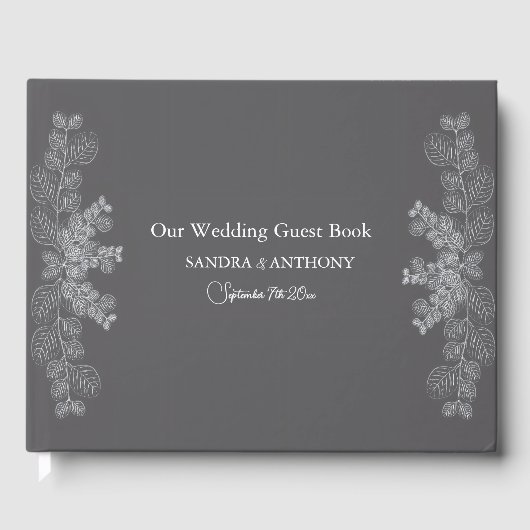 Simple Gray Line Art Eucalyptus Wedding Guest Book ゲストブック (正面)