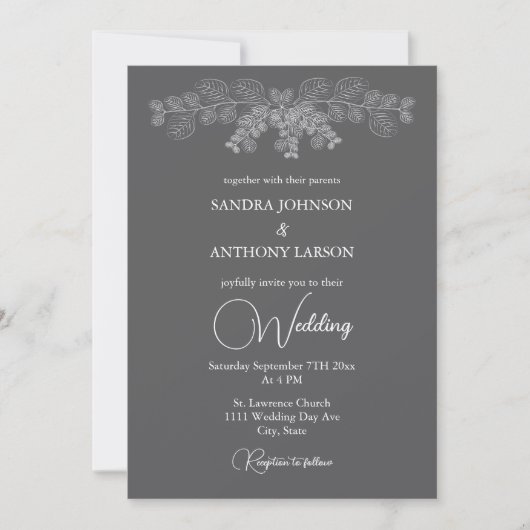 Simple Gray Line Art Eucalyptus Wedding Invitation 招待状 (正面)